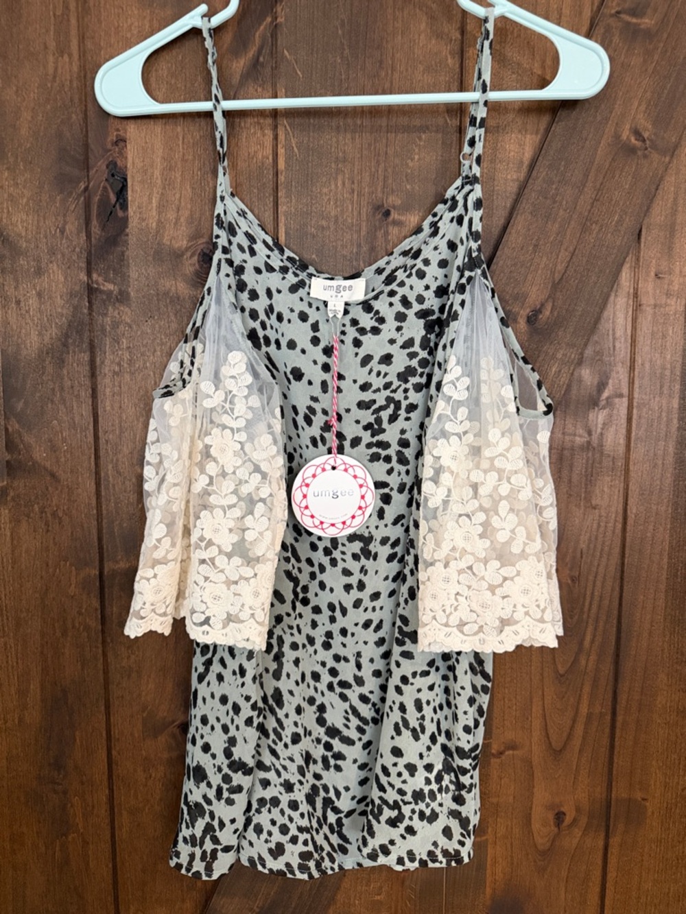 Umgee Sage Green & Black Spotted Cami with Cream Lace Panels
